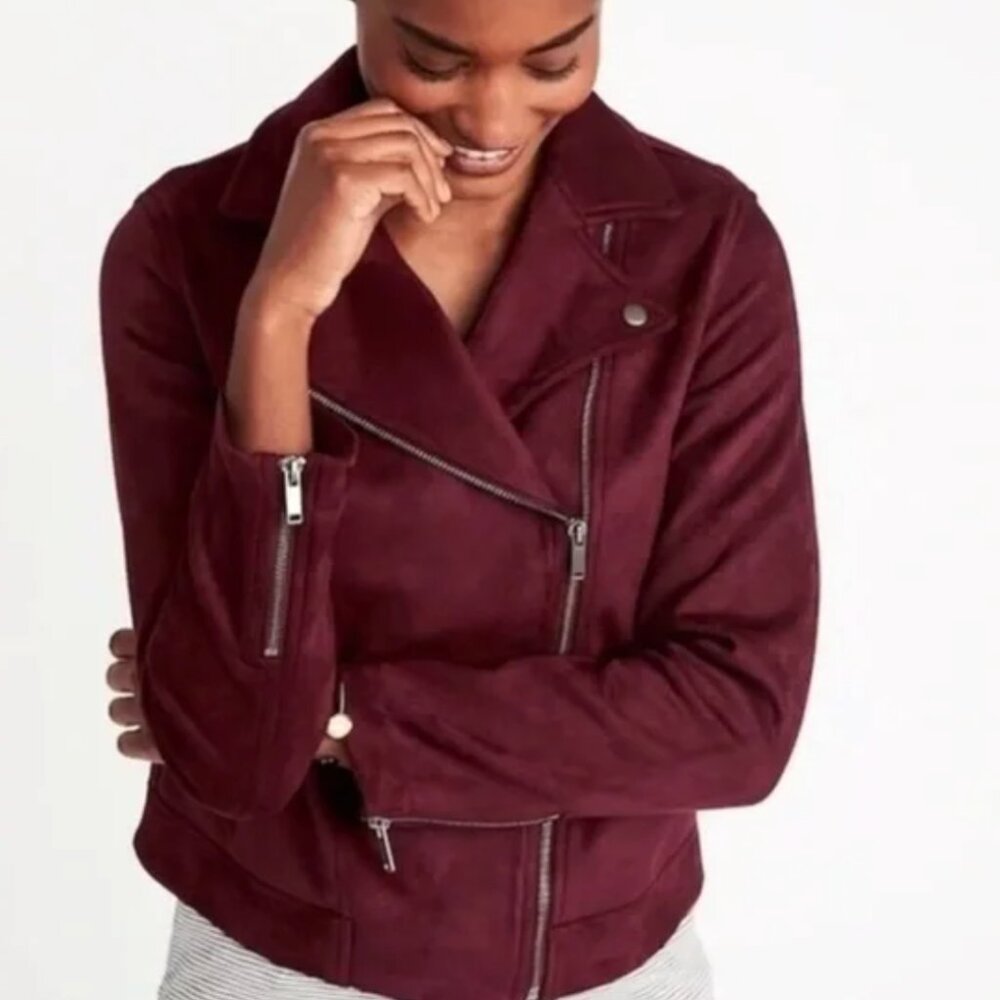 Old Navy Suede Moto Jacket Women’s XL Motorcycle Jacket Maroon Wine Color